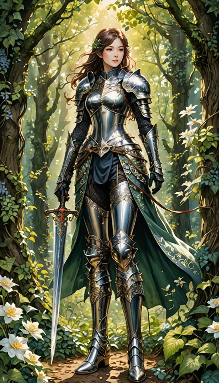 Female Knight with Floral Armor in Manga Style