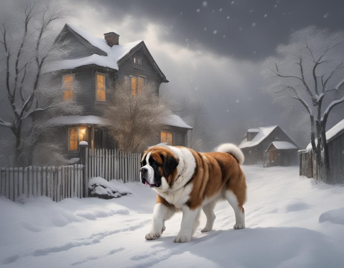 St. Bernard Dog Navigates Deep Snowstorm