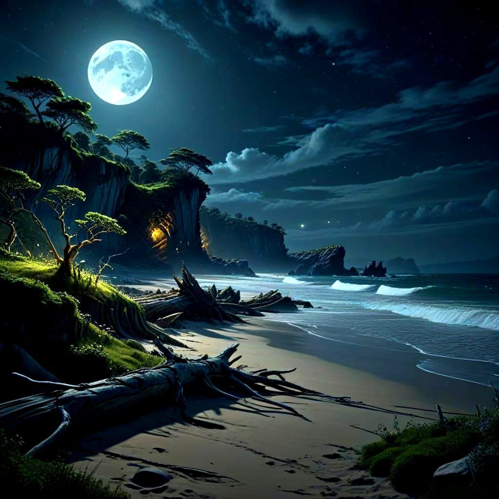 Moonlit Beach: Mossy Driftwood at Night