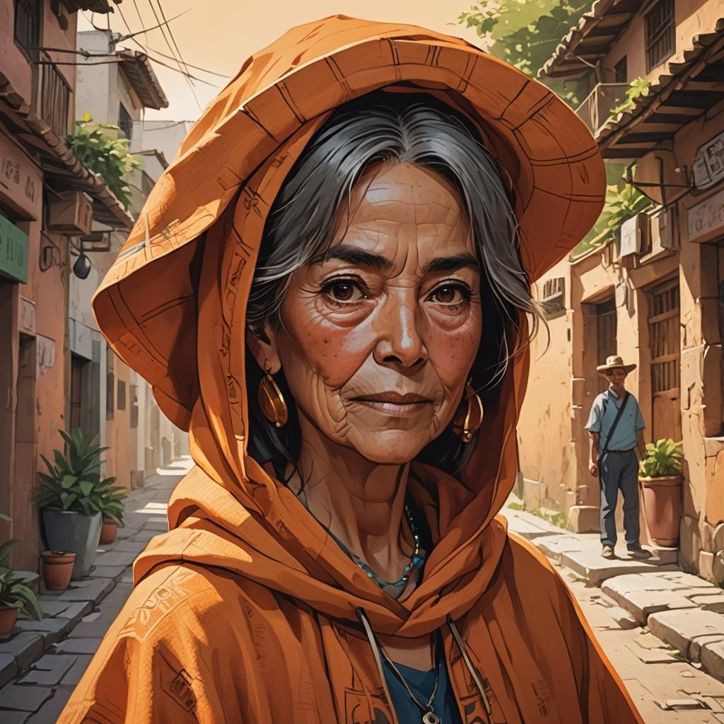 Friendly Mexican Woman in Orange Poncho, Cel-Shaded Anime Ar...