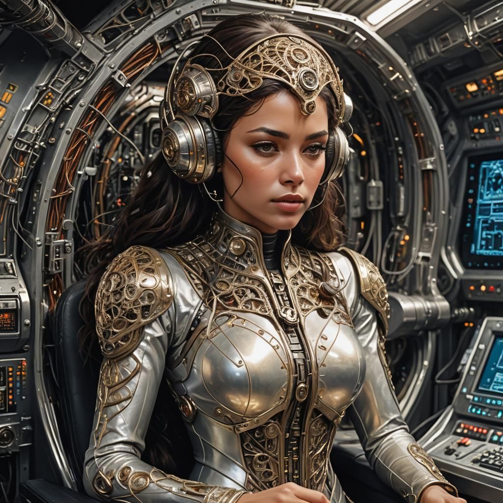 Woman Integrated with Spaceship Computer in Filigree Mask