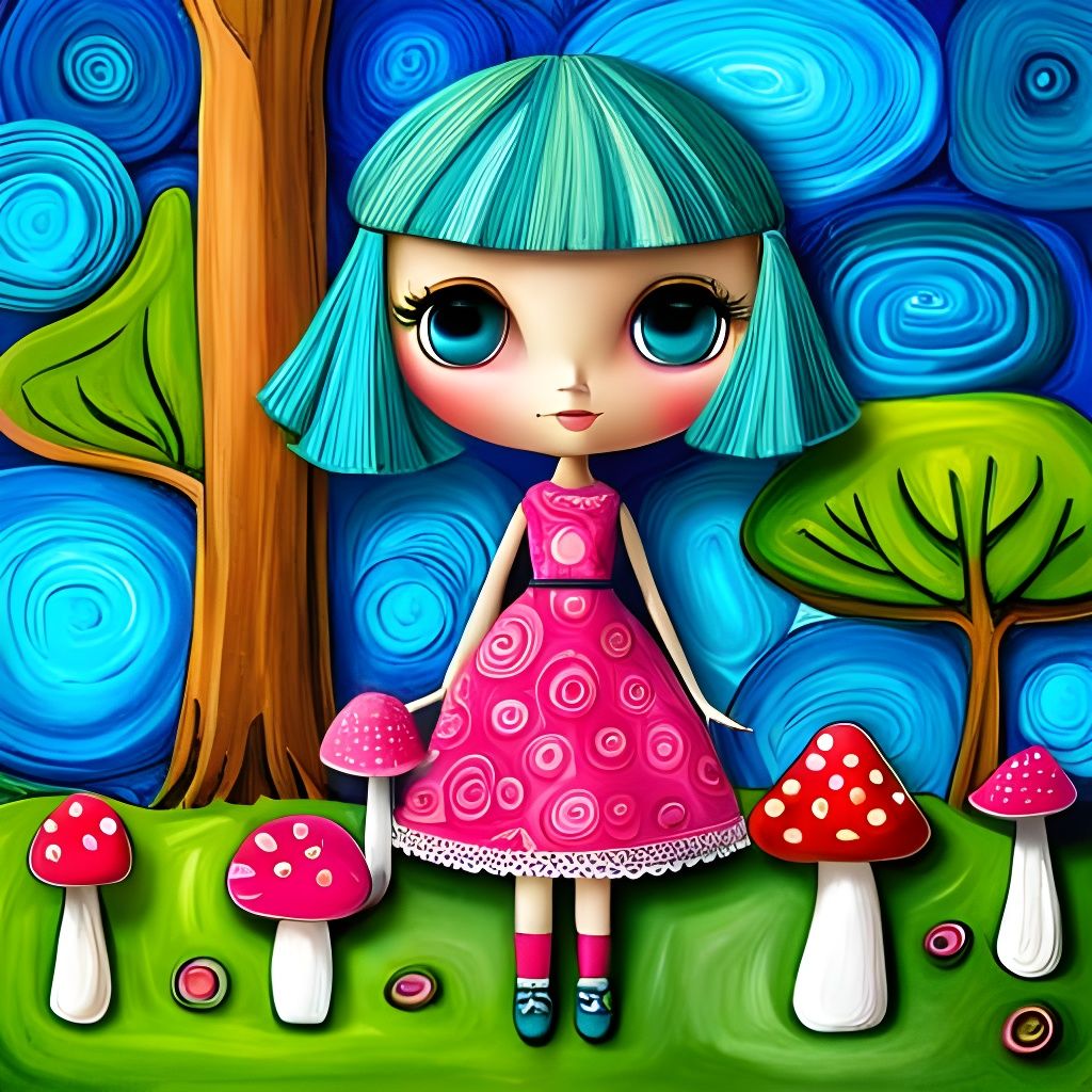 Adorable Blythe Doll in Pink and Green Forest, Art Brut