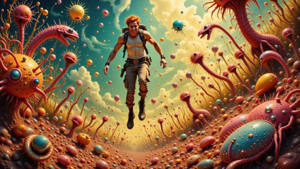 Surreal Dreamscape: Figure Jumping in a Melting World