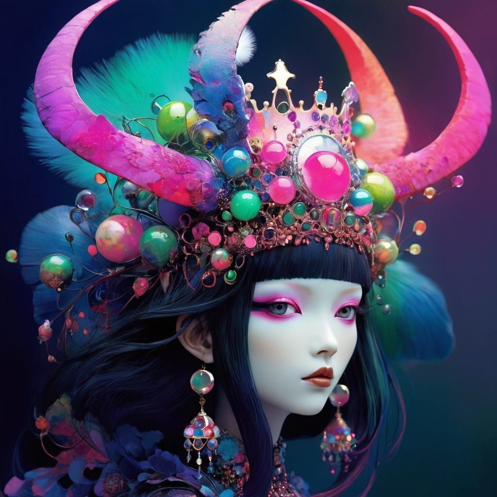 Neon Marble Crown on Bug Girl, Vibrant Triadic Colors