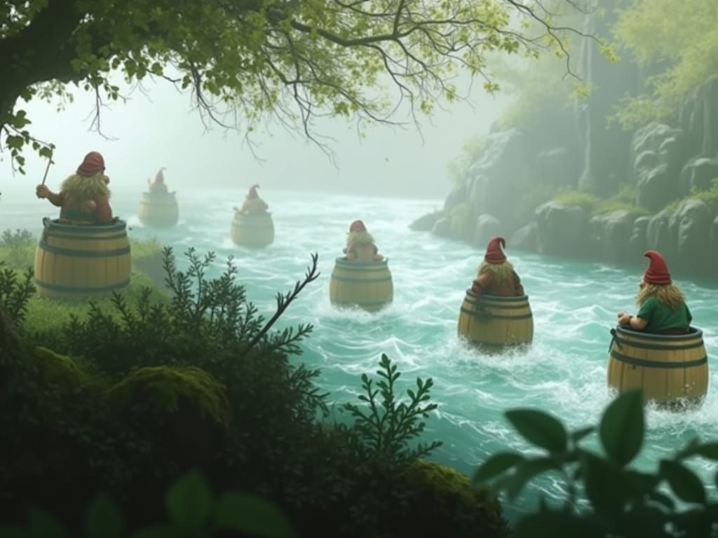 Dwarves in Wine Barrels Ride the Turbulent River