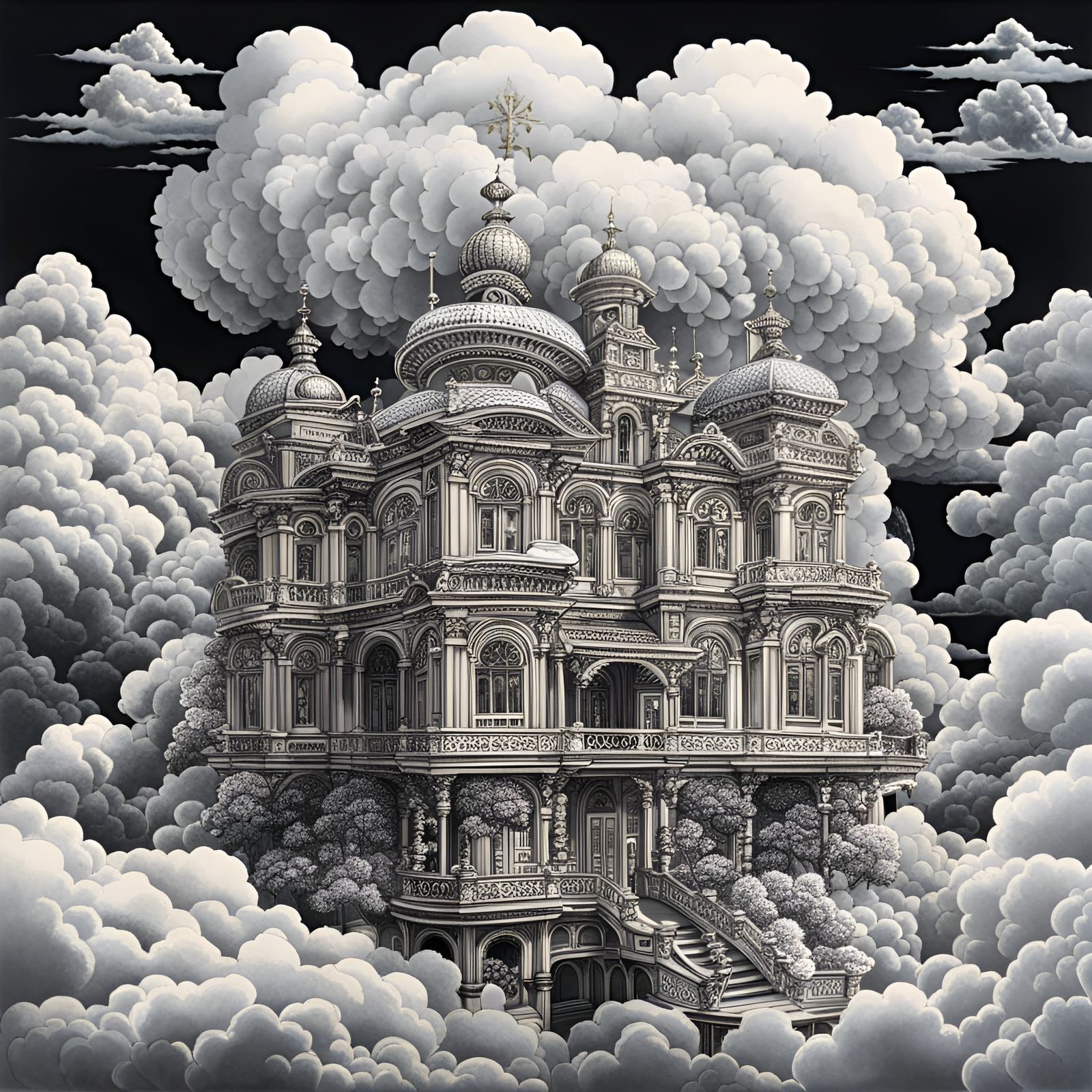 Cloud House: Baroque Illustration with Silver Filigree