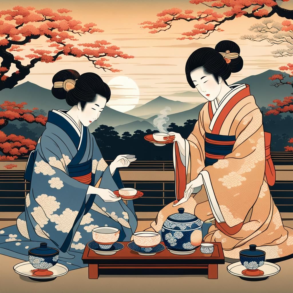 Japanese Tea Ceremony in Ukiyo-e Style
