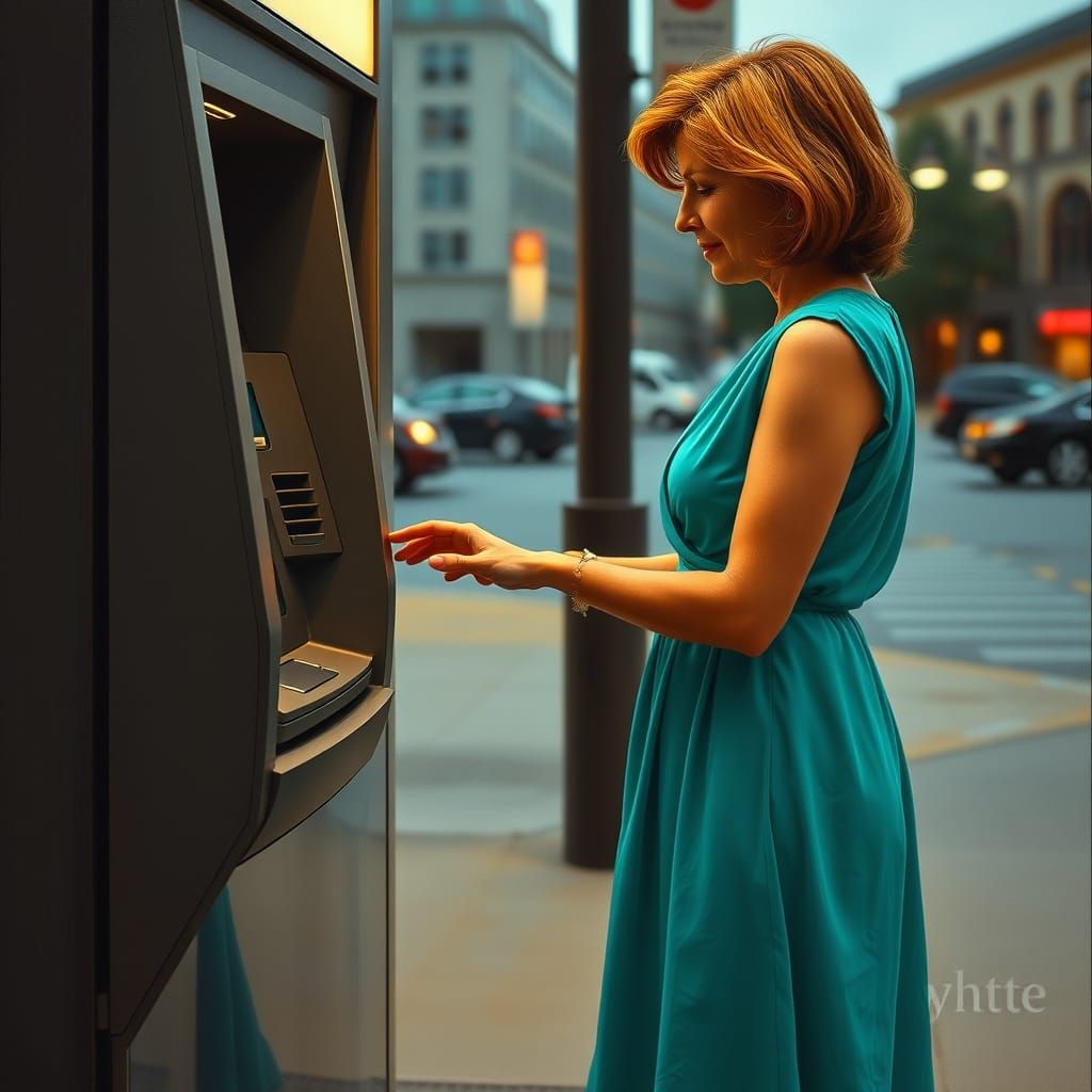 Woman in Turquoise Dress Uses ATM in Everyday Moment