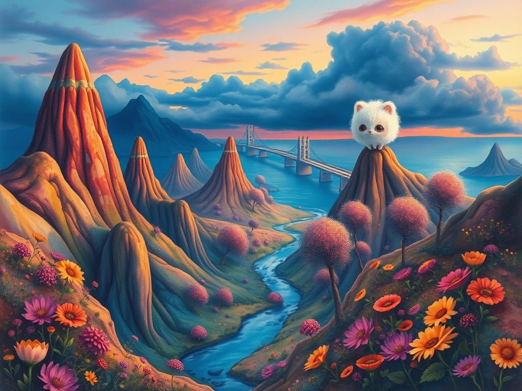 Surreal Alien Landscape with Heart Trees, Watercolor