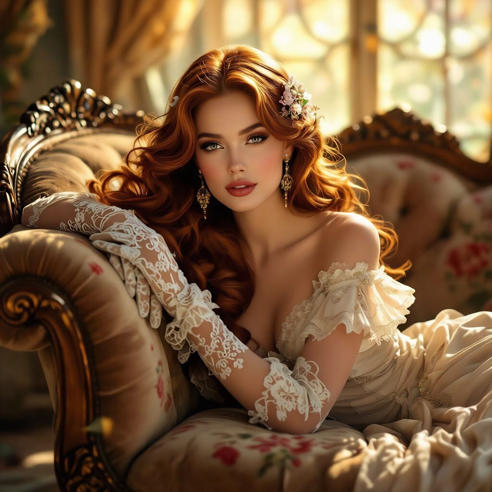 Elegant Woman in Art Nouveau Sun-Drenched Boudoir