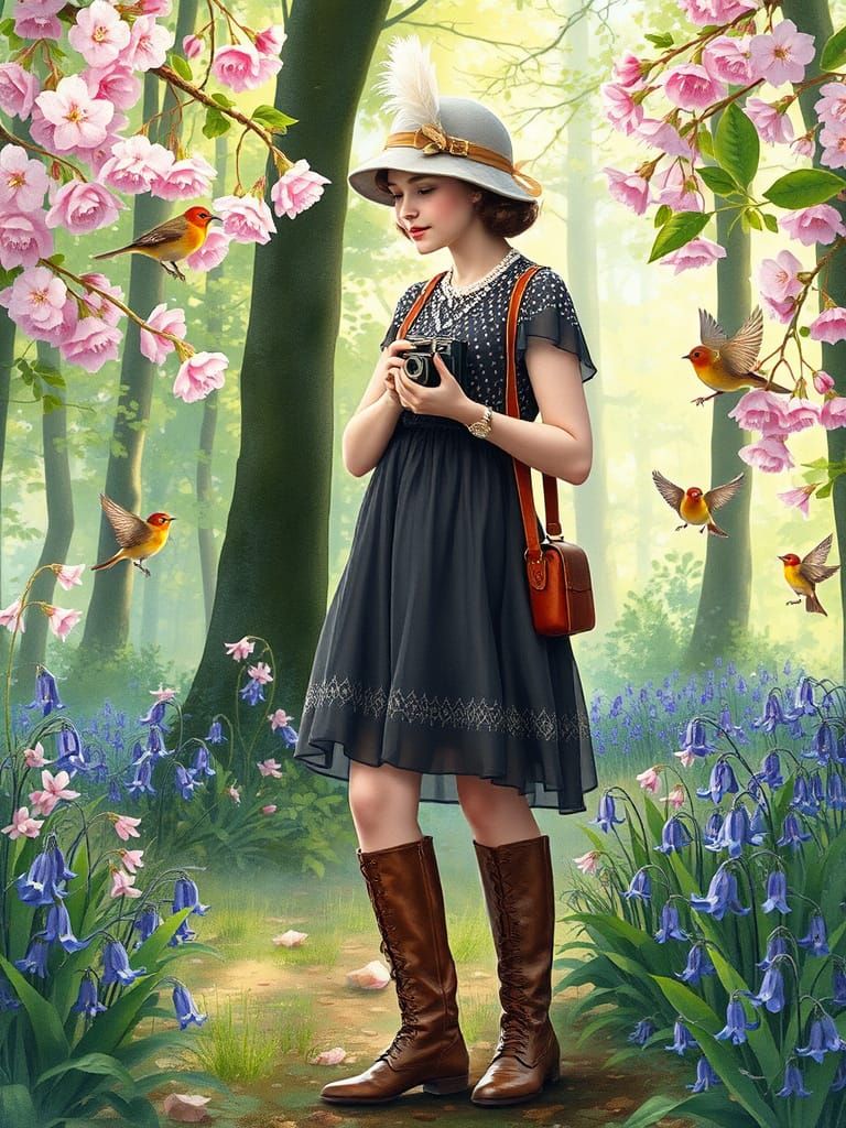 Vintage Flapper Woman Captures Birds in Serene Forest Landsc...