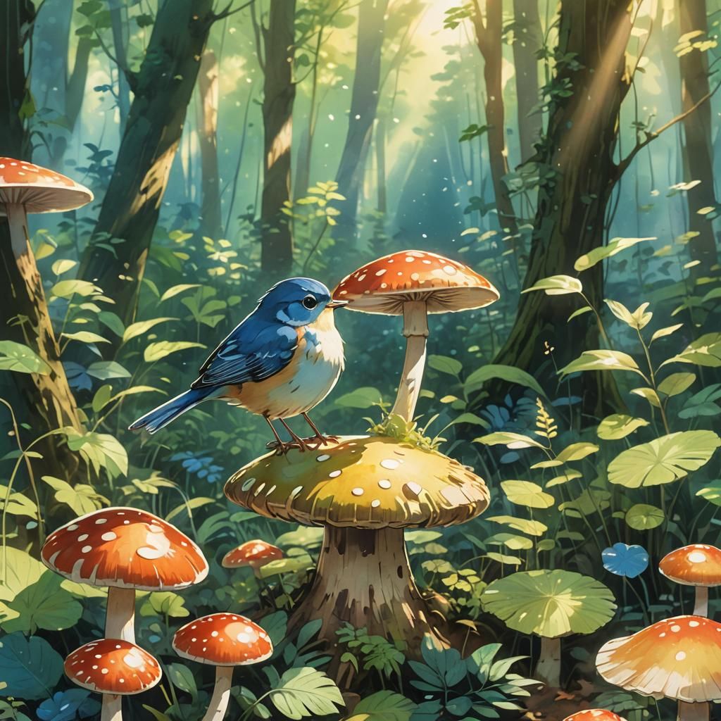 Anime Bird on Toadstool in Lush Forest