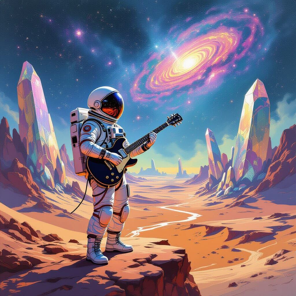 Astronaut with Guitar on Alien World