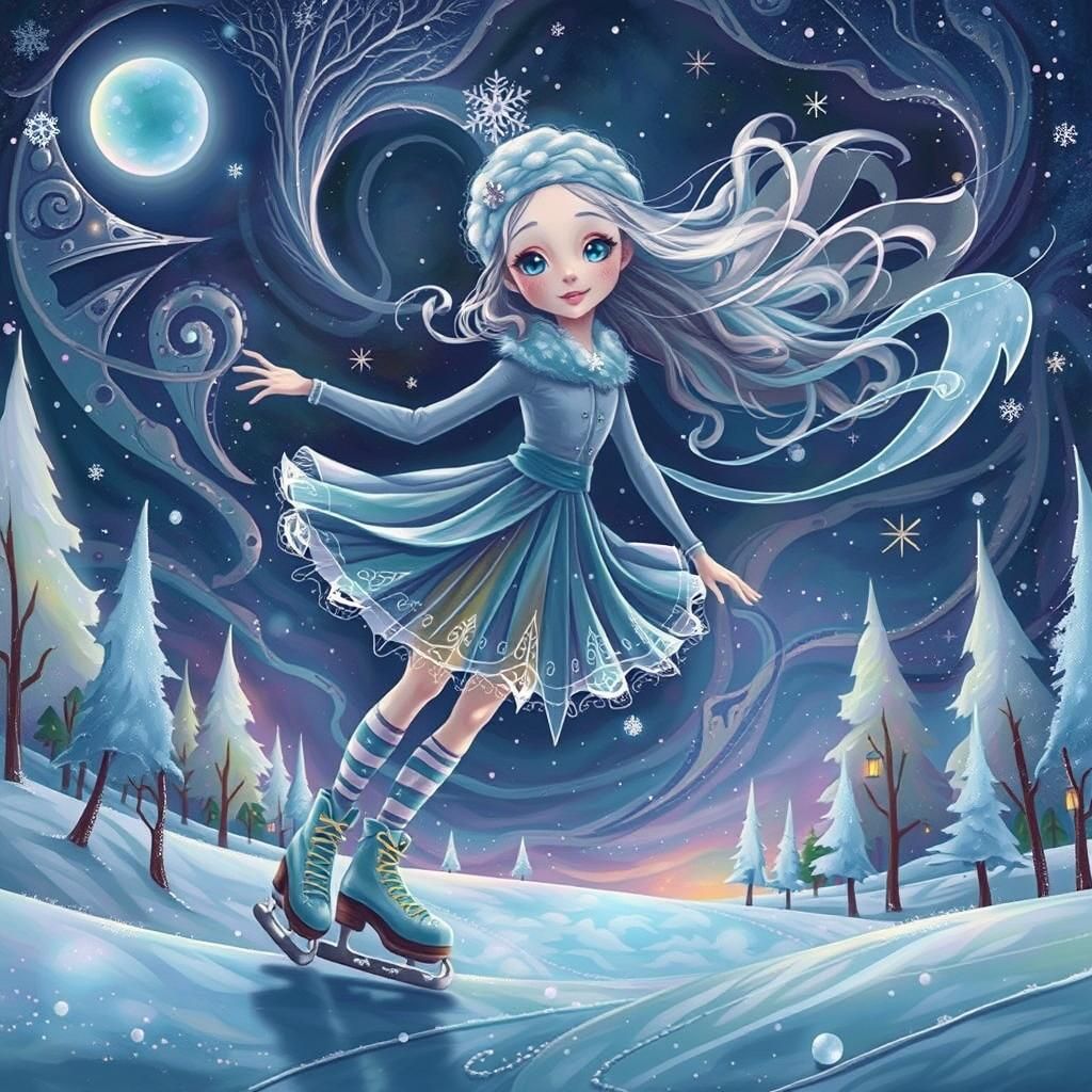 Lone Skater on Frozen Lake in Dreamlike Style
