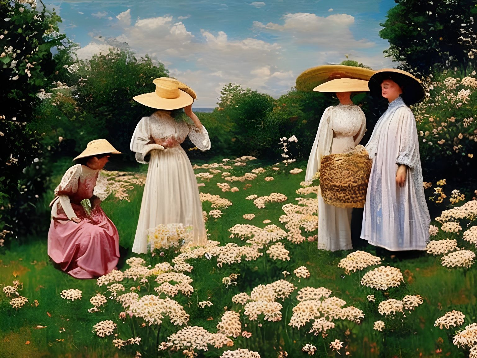 Edwardian Women in Cherry Garden, Oil Painting Style