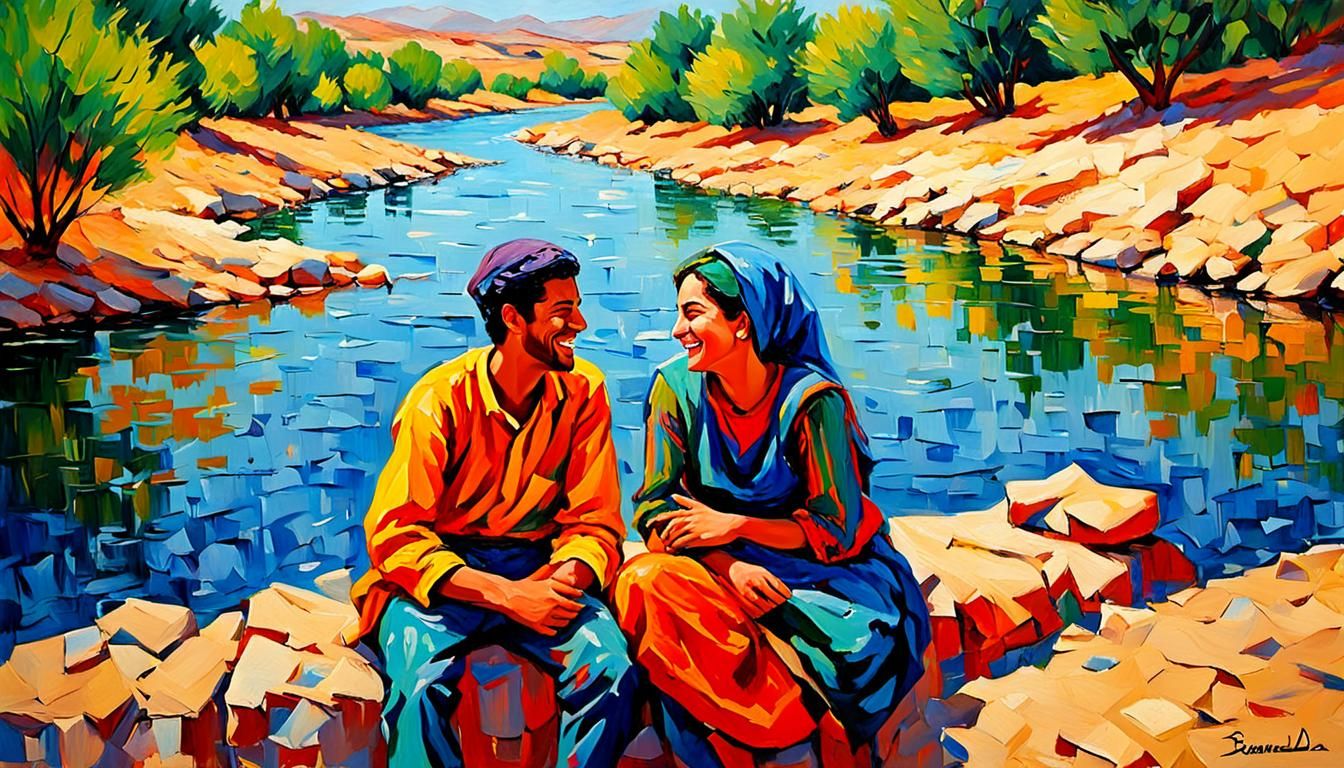Algerian Lovers Laughing in Neo-Impressionist Style
