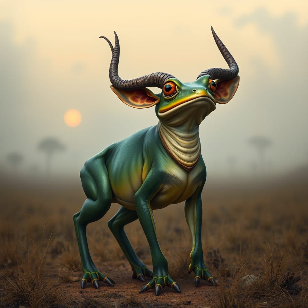 Majestic Frog-Kudu Hybrid in Fantastical Realism Style