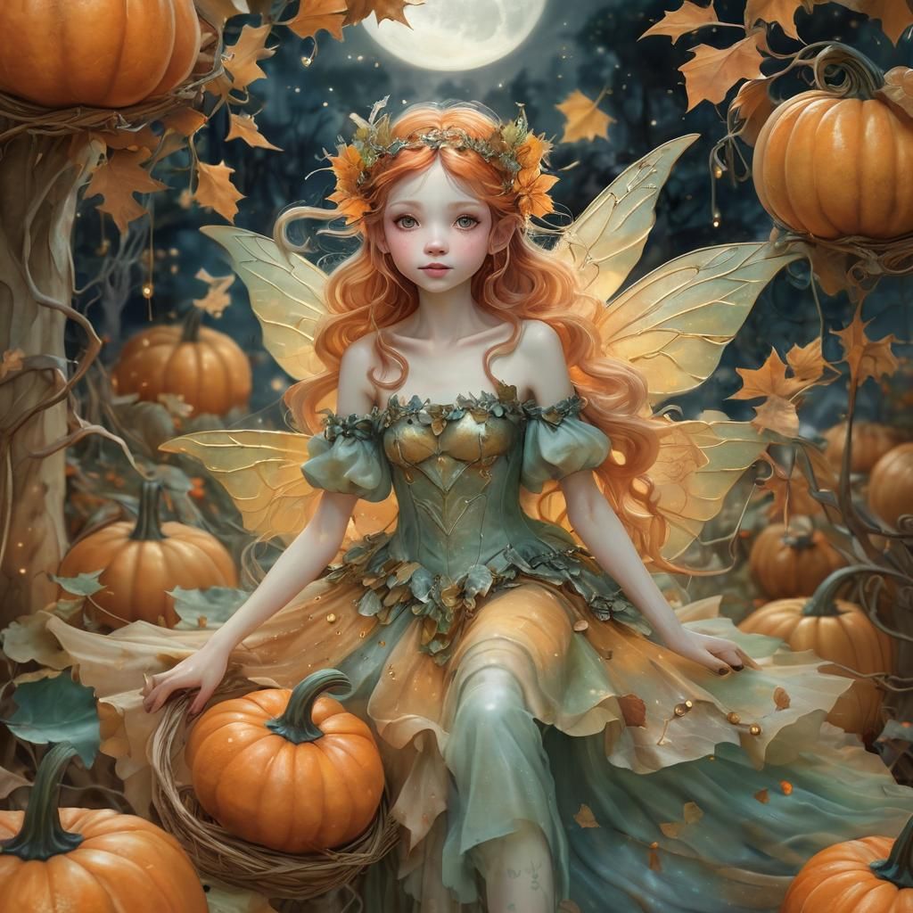 Pumpkin Fairy in Magical Moonlight, Watercolor Style