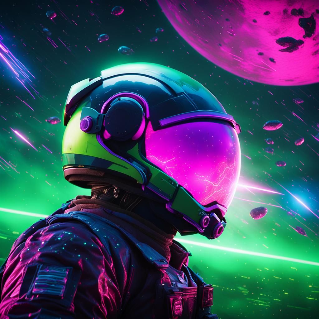 Astronaut Helmet View of Meteor Shower in Cyberpunk Style