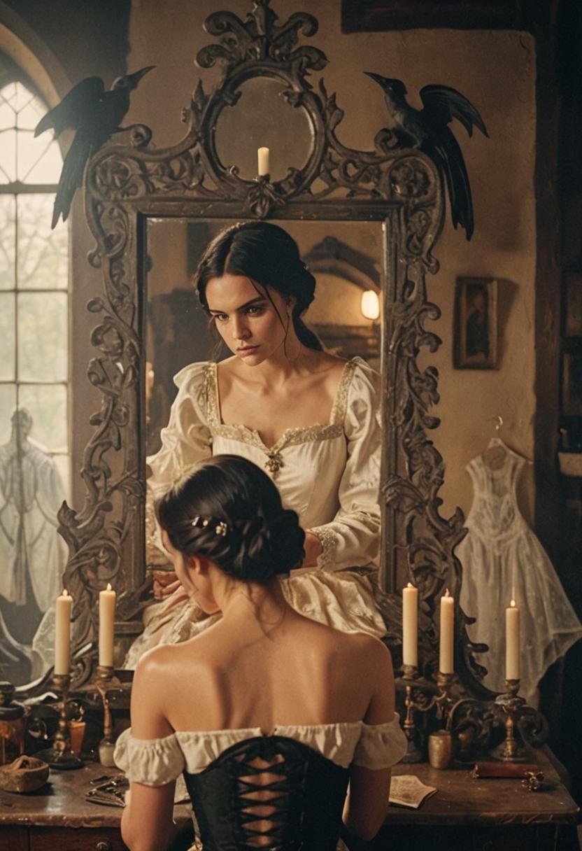 Medieval Lady and Witch in Mirror, Cinematic Film Still