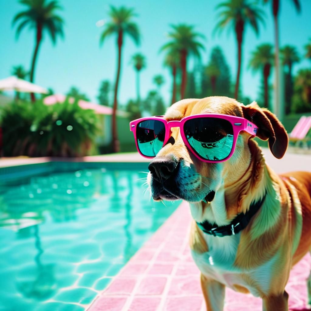 Dog with Sunglasses by the Pool: Cinematic Still