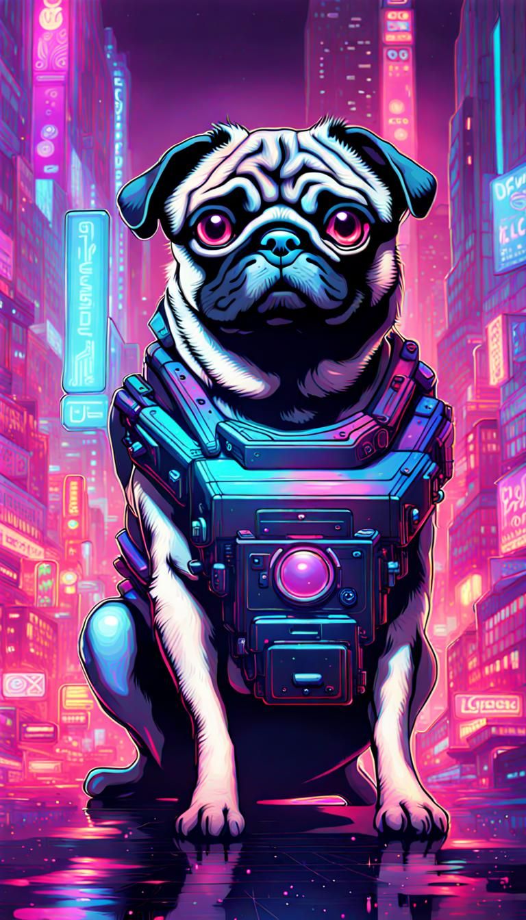 Cyberpunk Pug in Holographic Art Style
