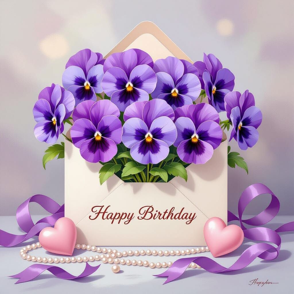 Volumetric Purple Pansy Birthday Card with Pearls and Ribbon...