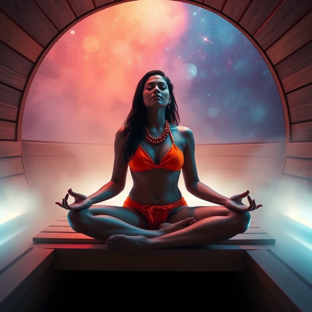 Futuristic Indian Woman Meditating in Sci-Fi Sauna