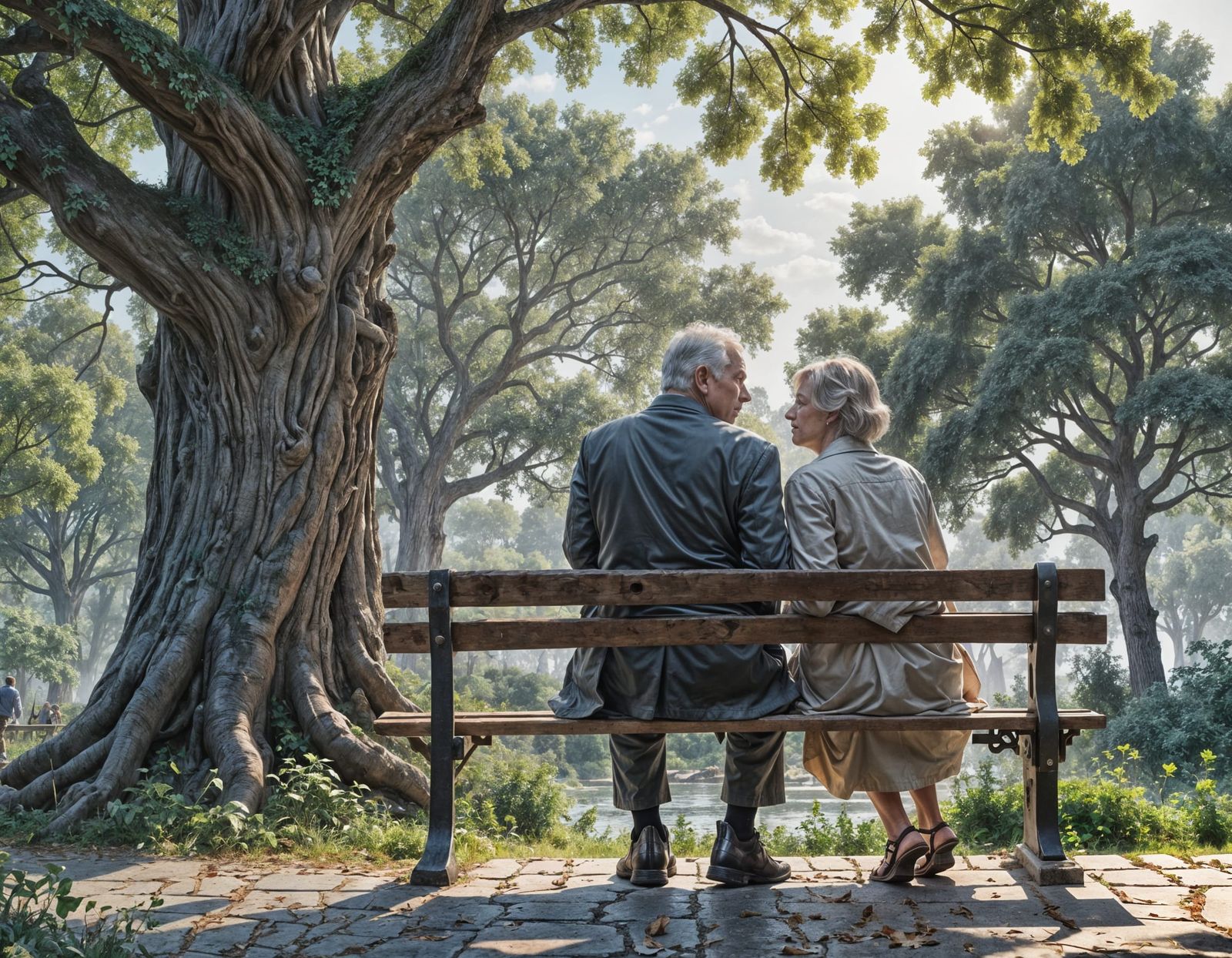 Elderly Couple on Bench in Comic Book Art Style