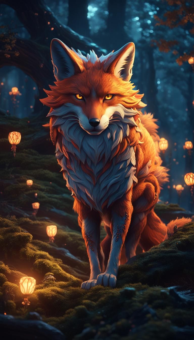 Kitsune Spirit in Forest: Detailed Fantasy Art