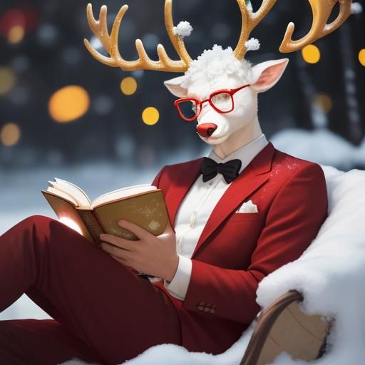 Deer Reads Book in Suit, Christmas Background