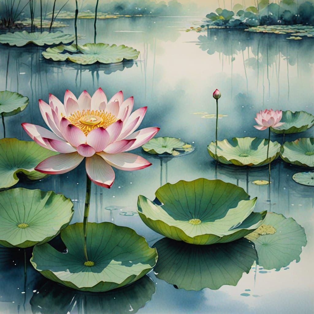 Lotus Flower Blooms in Serene Pond, Soft Pastel Hues