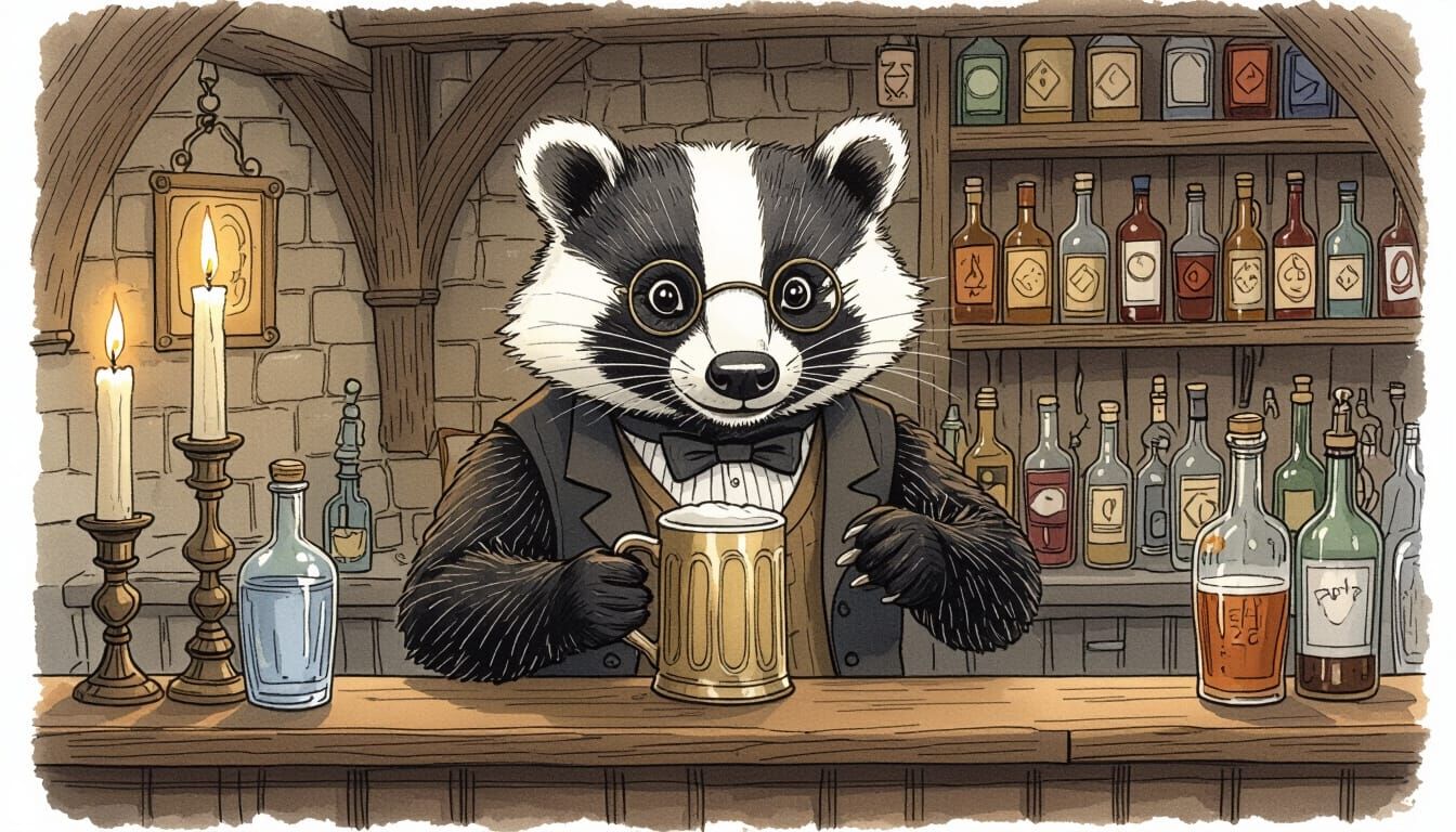 Badger Bartender Polishing Tankard in Cozy Tavern