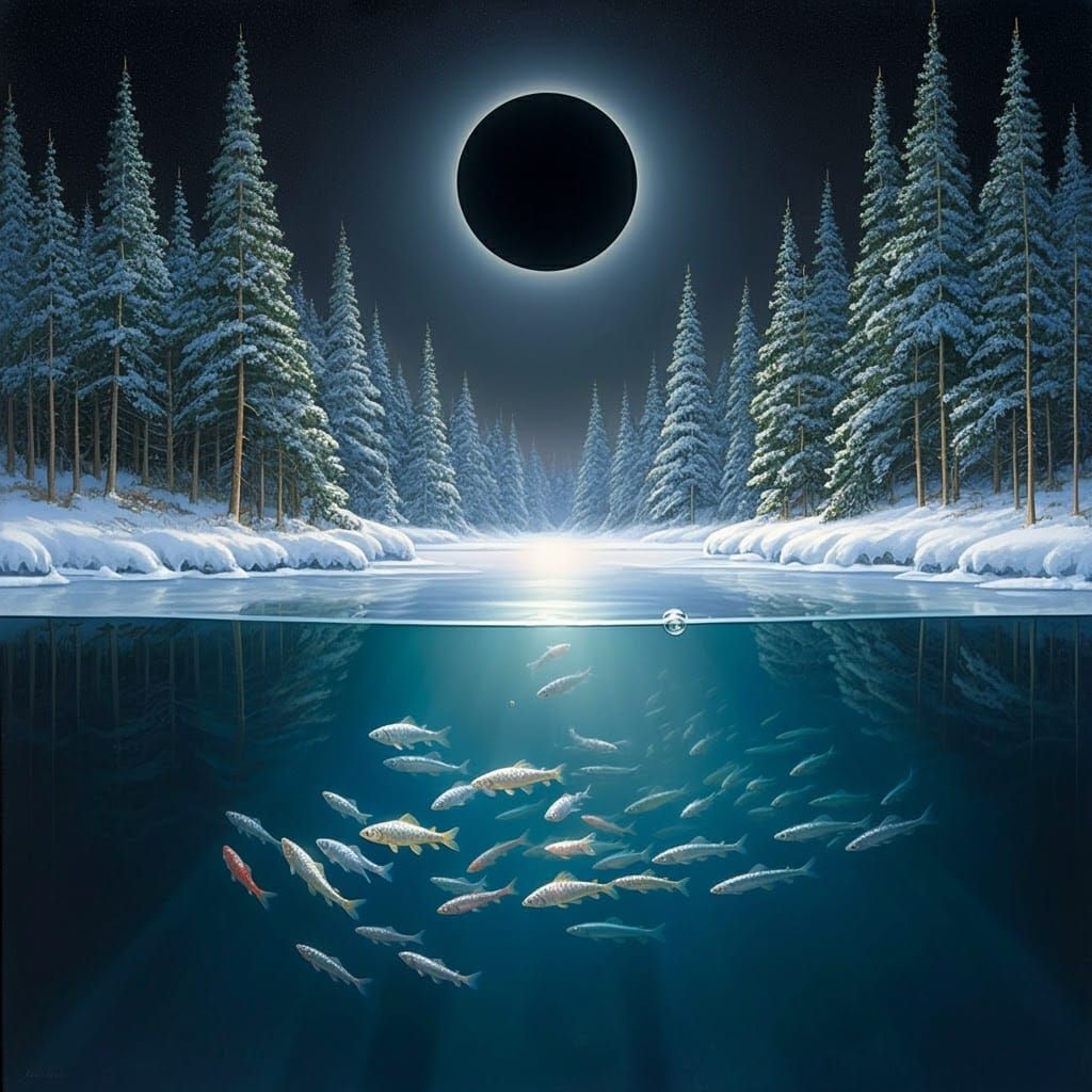 Frozen Lake with Fish Under New Moon