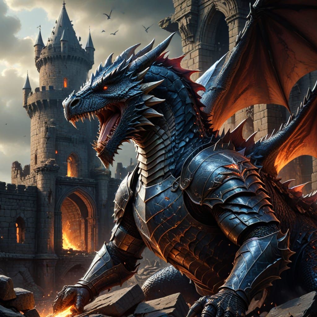 Knight Battles Dragon in Ruined Castle Comic Art