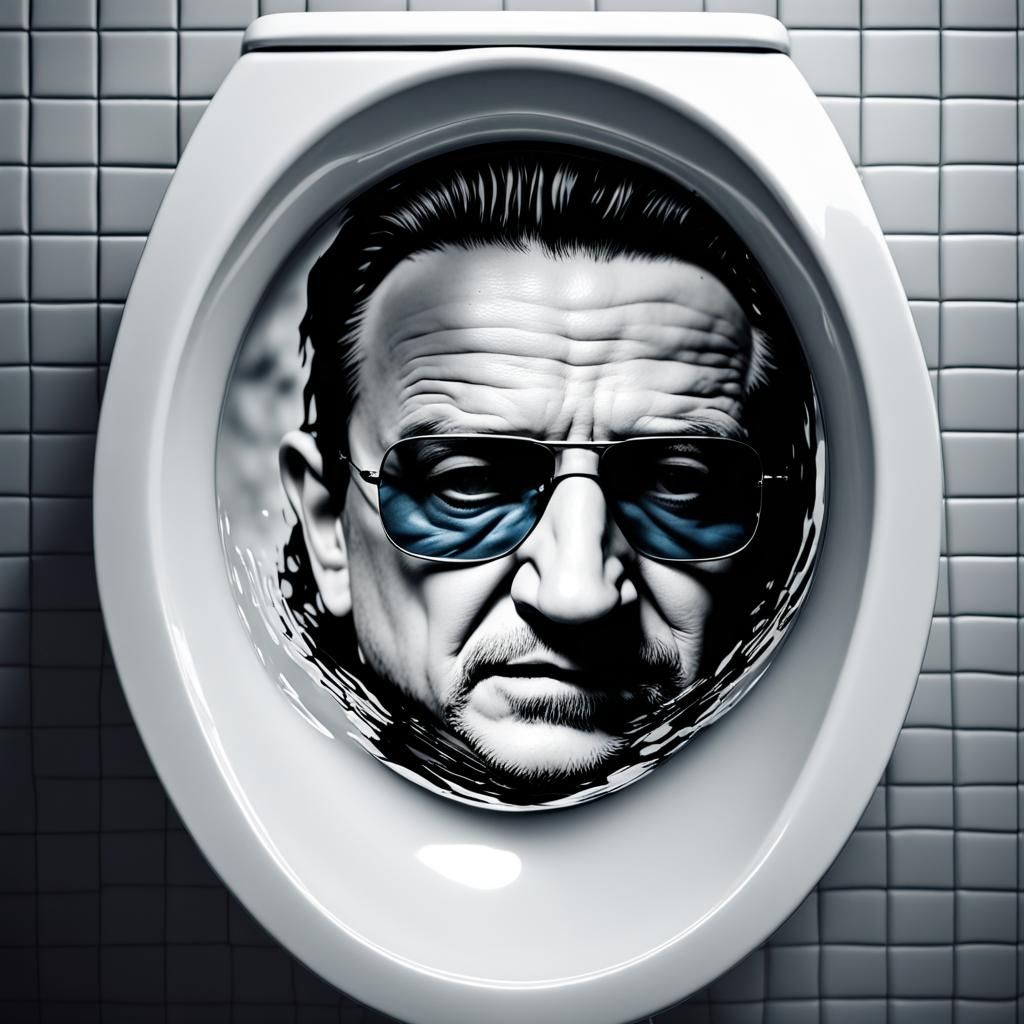 Hyperrealistic Bono Face Reflected in Toilet Water