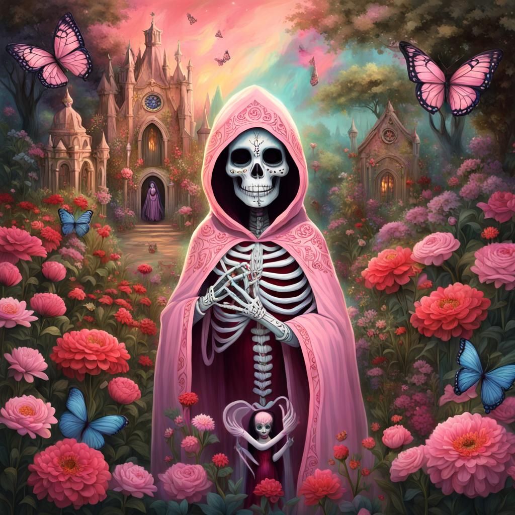 Santa Muerte in Enchanted Garden: Digital Art