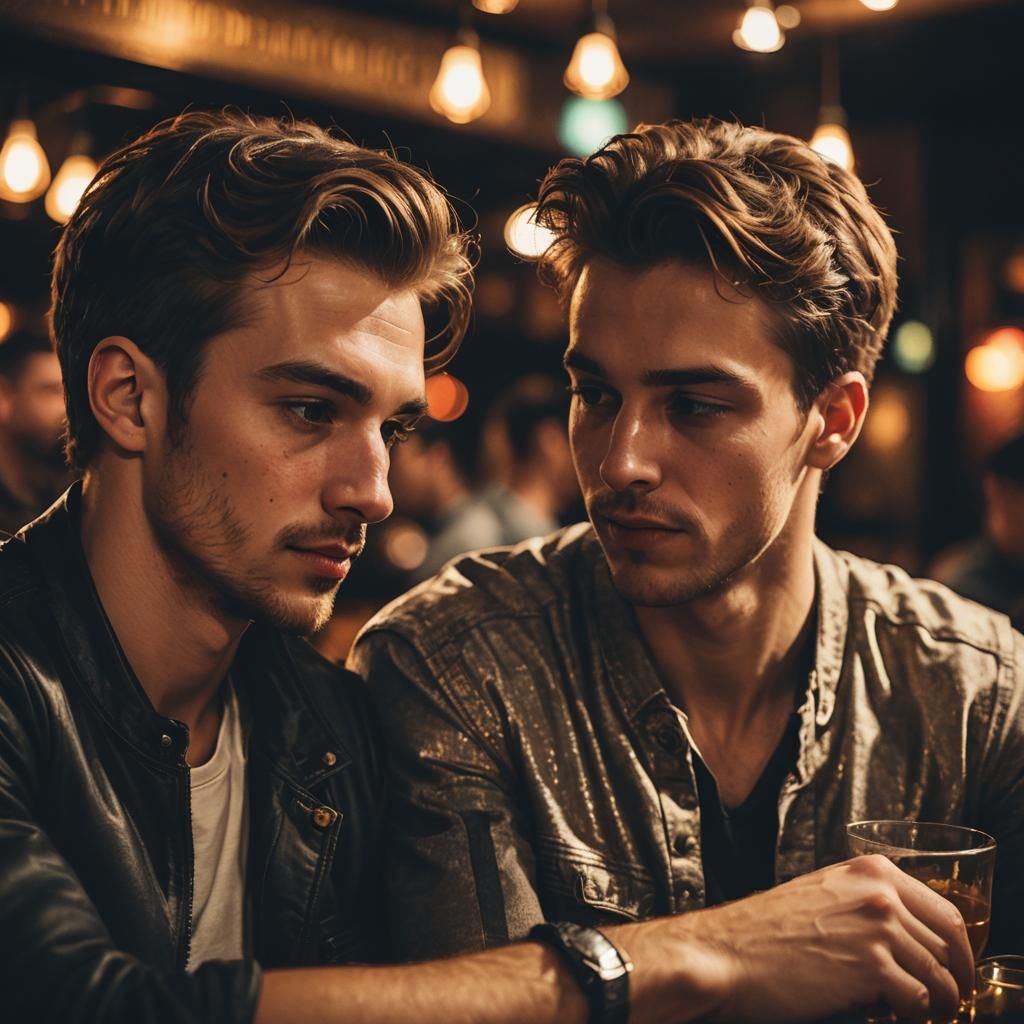 Intimate Moment: Two Men in Dimly Lit Bar