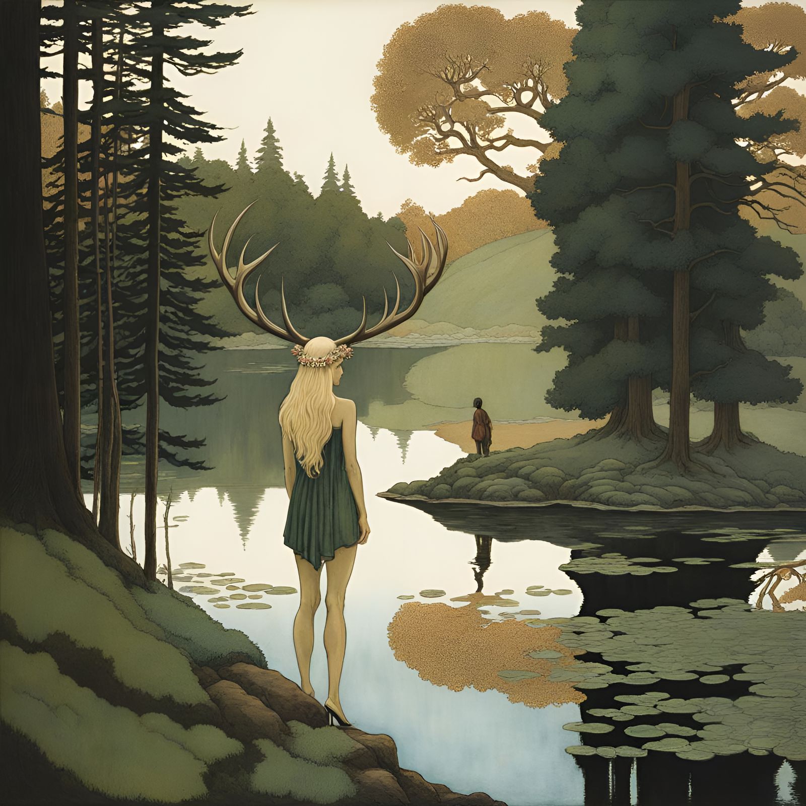 Woman with Stag Antlers Reflection: Chiaroscuro Art