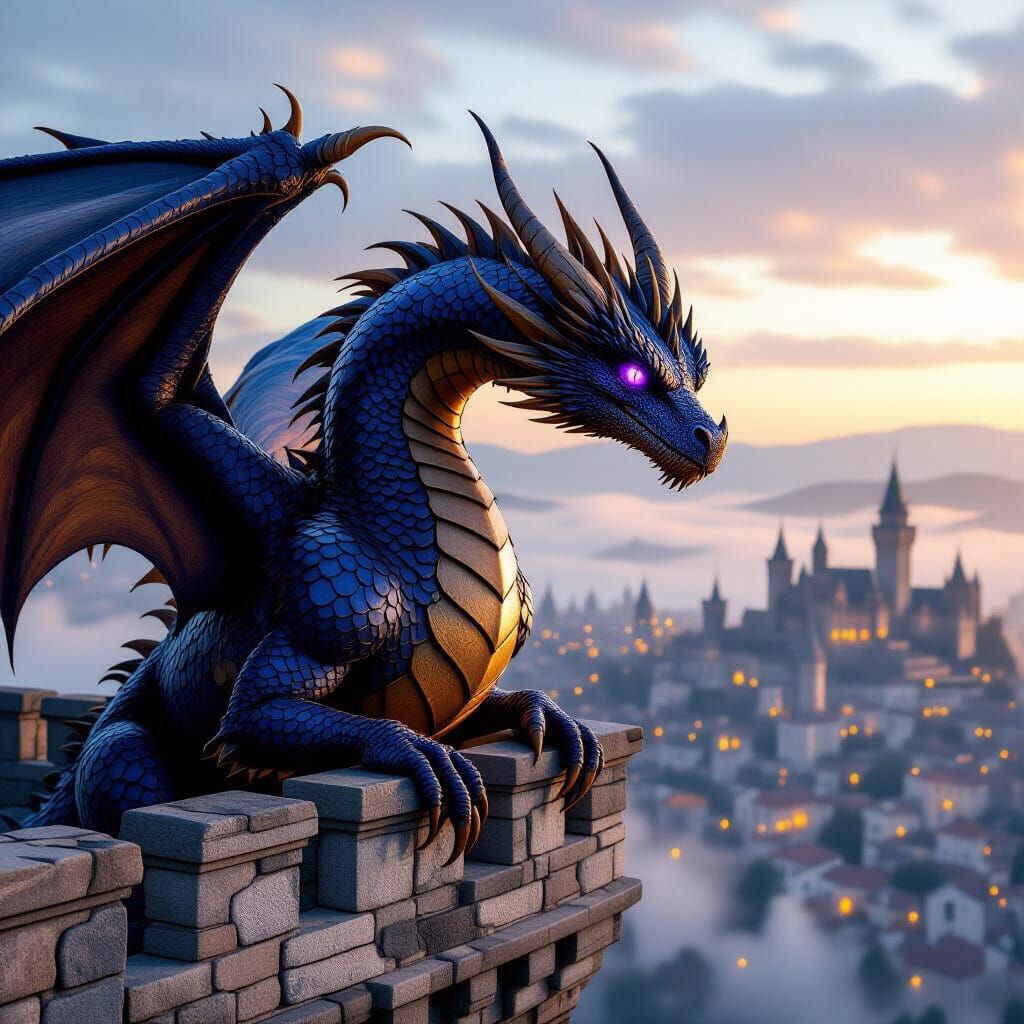Majestic Blue and Gold Dragon Over Foggy Medieval City
