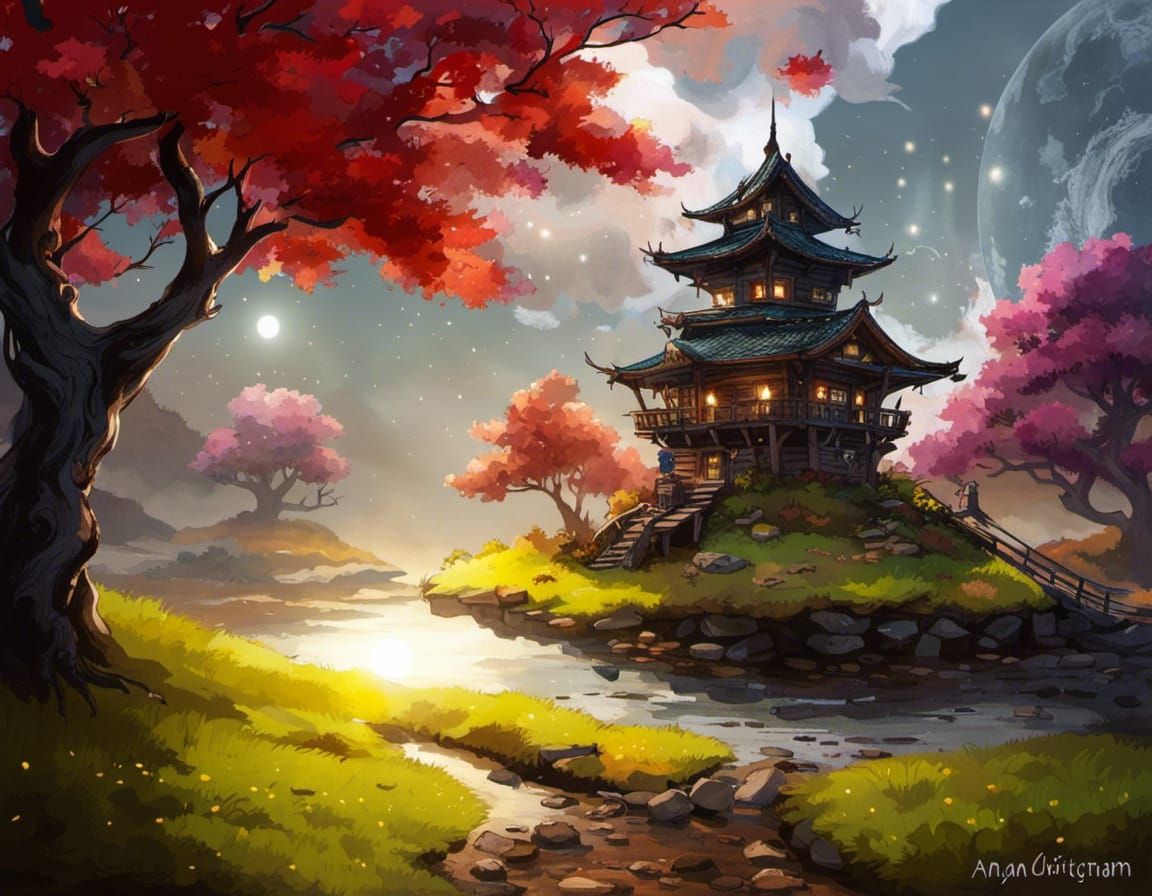 Enchanted Bonsai Village Under Starry Crescent Moon