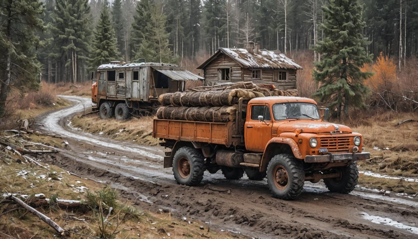 Orange Soviet Truck Off-Road in Snowy Village