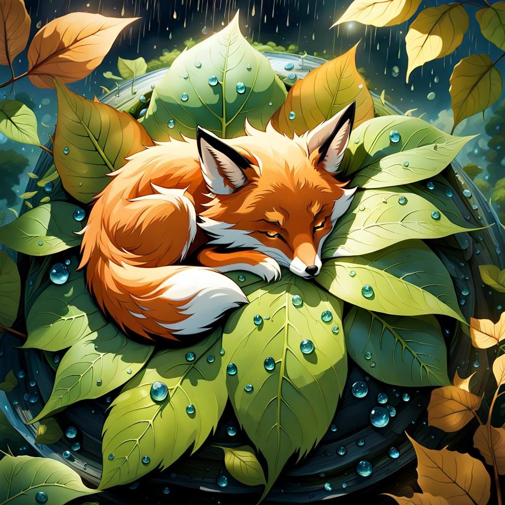 Fox Sleeping in Rain: Hyperrealistic Digital Illustration