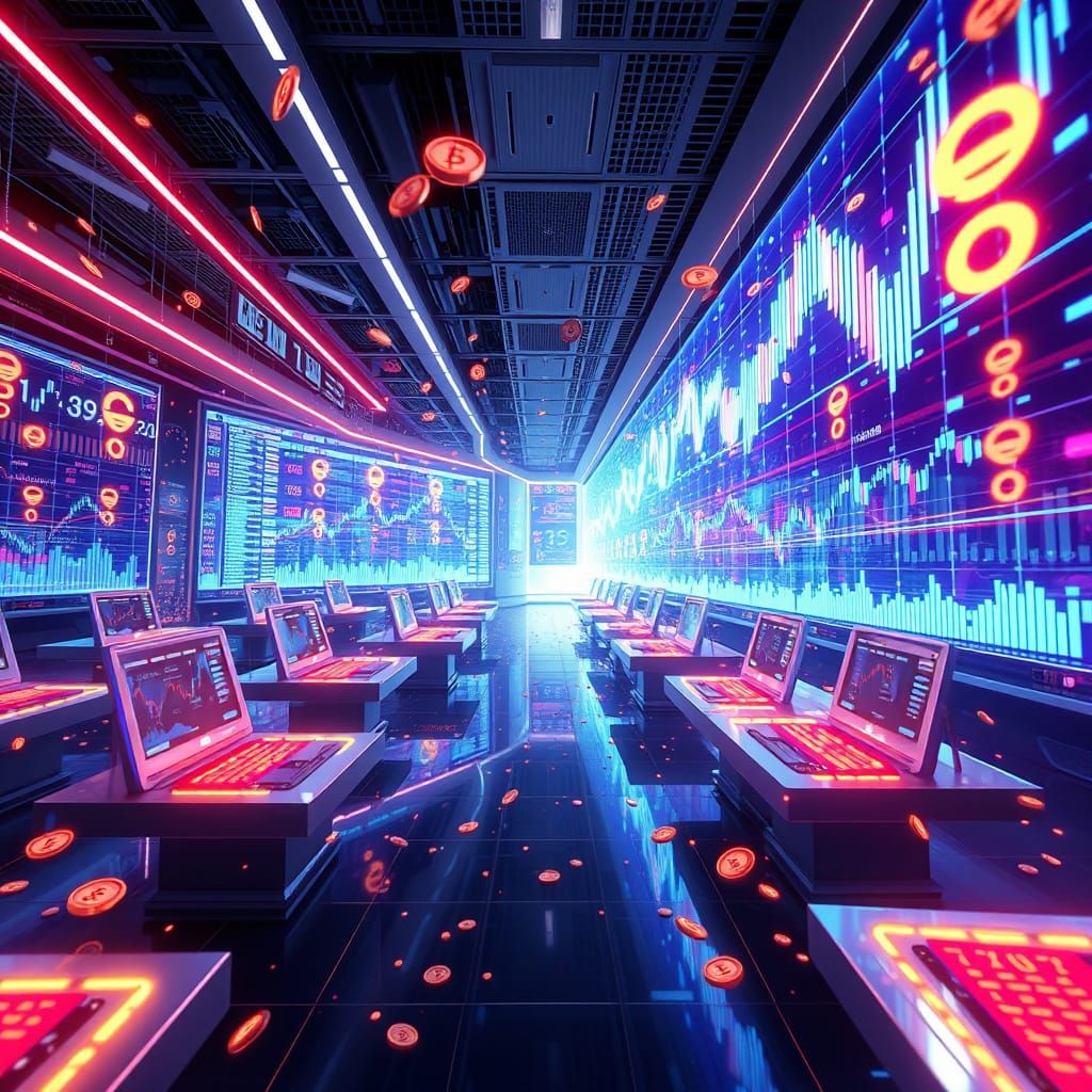 Futuristic Forex Trading Floor in Cyberpunk Aesthetic