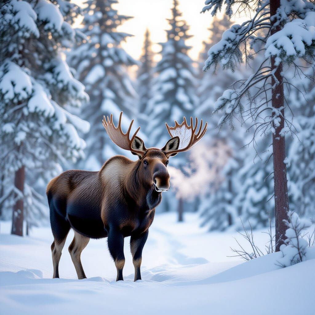 Moose in Snow-Covered Forest, Nature Photography