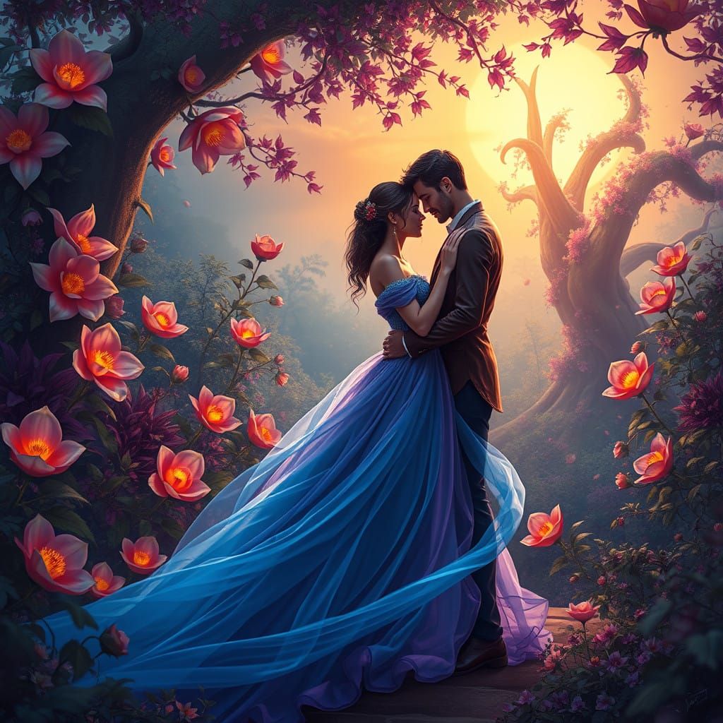 Romantic Couple in Whimsical, Dreamlike Landscape