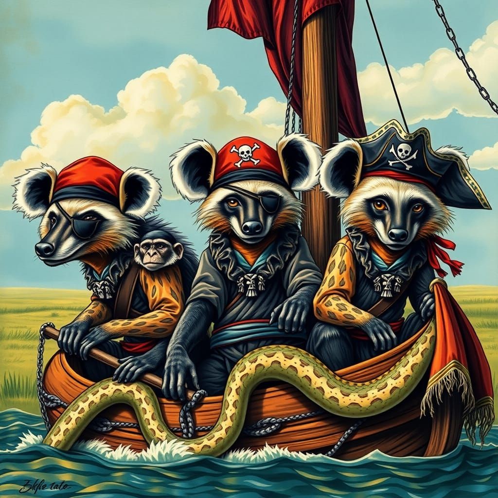 Hyena Pirates Sailing the Savannah: A Surreal Illustration