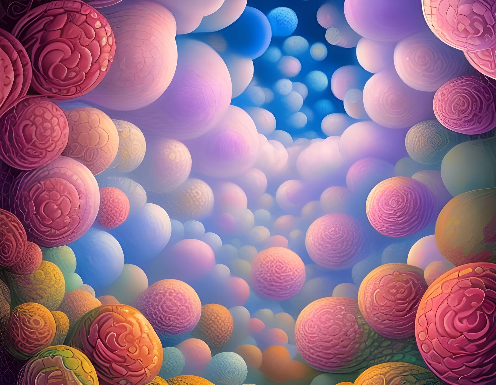 Iridescent Bubbles Float Above Rose Clouds in Surreal Style