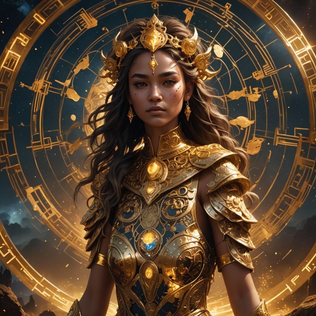 Girl with Leo Zodiac Sign in Gold Dress