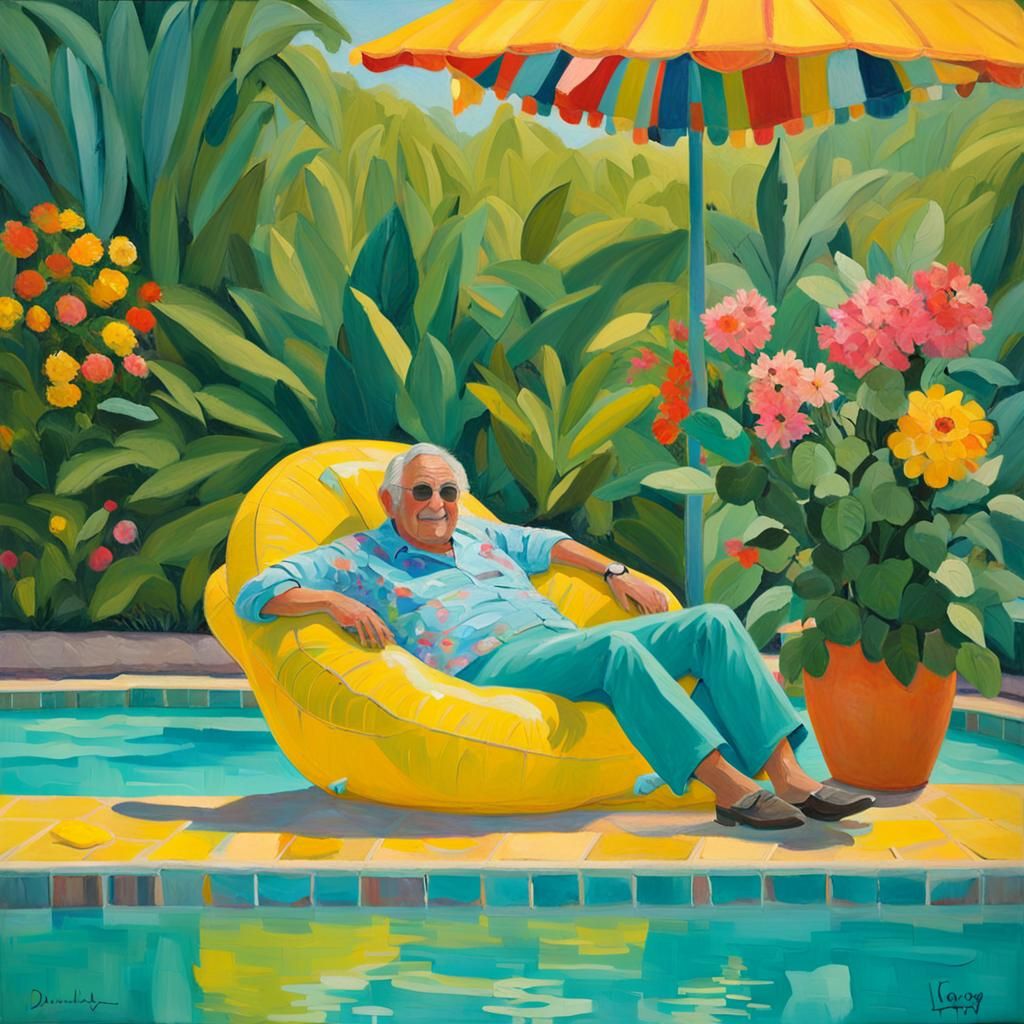 Man Lounging Poolside in Hockney Style